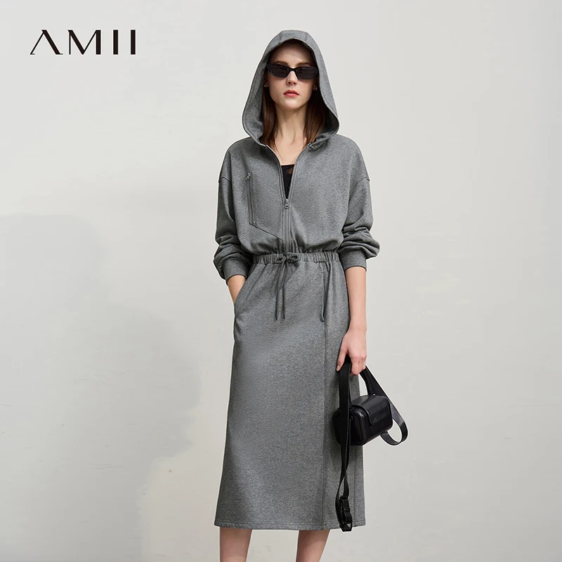 Amii Hooded Womens Dresses 2026 Autumn New Casual Elastic Waist Cotton Dresses For Woman Long Sleeve Knit Woman Clothes 12621017