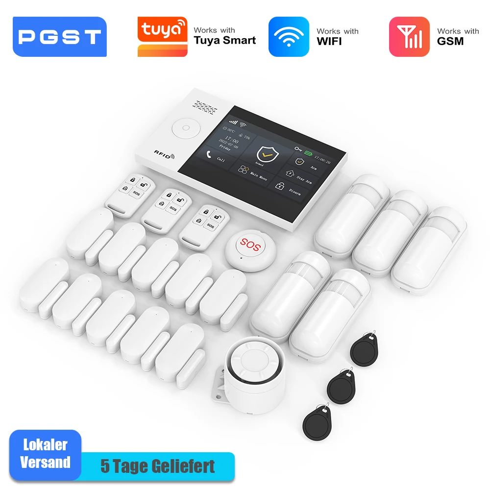 PGST Alarmanlage Einbruchschutz WiFi 2G GSM Works with Tuya Smart Life kabelloses Sicherheits Set für Zuhause Gewerbe Tür Fenster Sensoren Fernüberwachung per Smartphone
