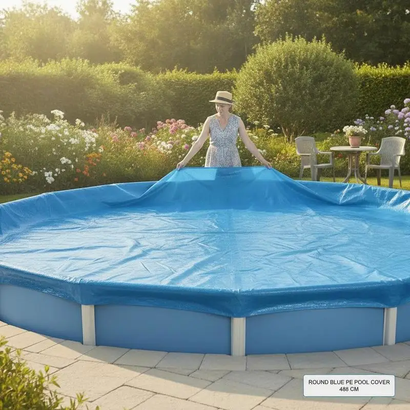 Couverture de piscine ronde en PE de 488 cm, bleue, résistante à la poussière, aux débris et à l'eau, pour piscine hors sol, jardin, couverture de protection de piscine bleue, couverture de piscine