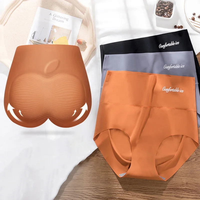Slip taille haute en soie glacée, Lingerie Sexy sans couture pour femmes, sous-vêtements corporels, lettre douce imprimée, Lingerie féminine respirante