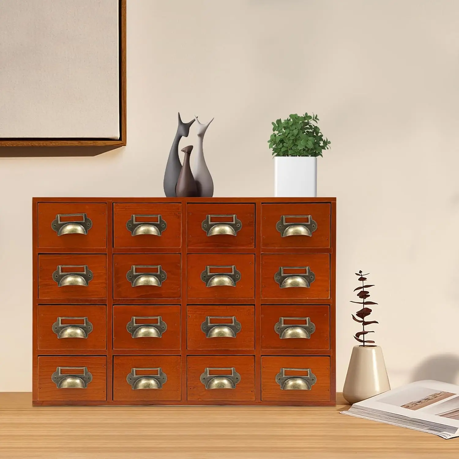16 Schubladen Vintage Schreibtisch-Organizer aus Holz, Apothekerschrank mit Schubladen, Bibliotheks-Kartenschrankschrank, Kräuteraufbewahrungsbox, Tisch-Apothekerschränke und -kommoden für die