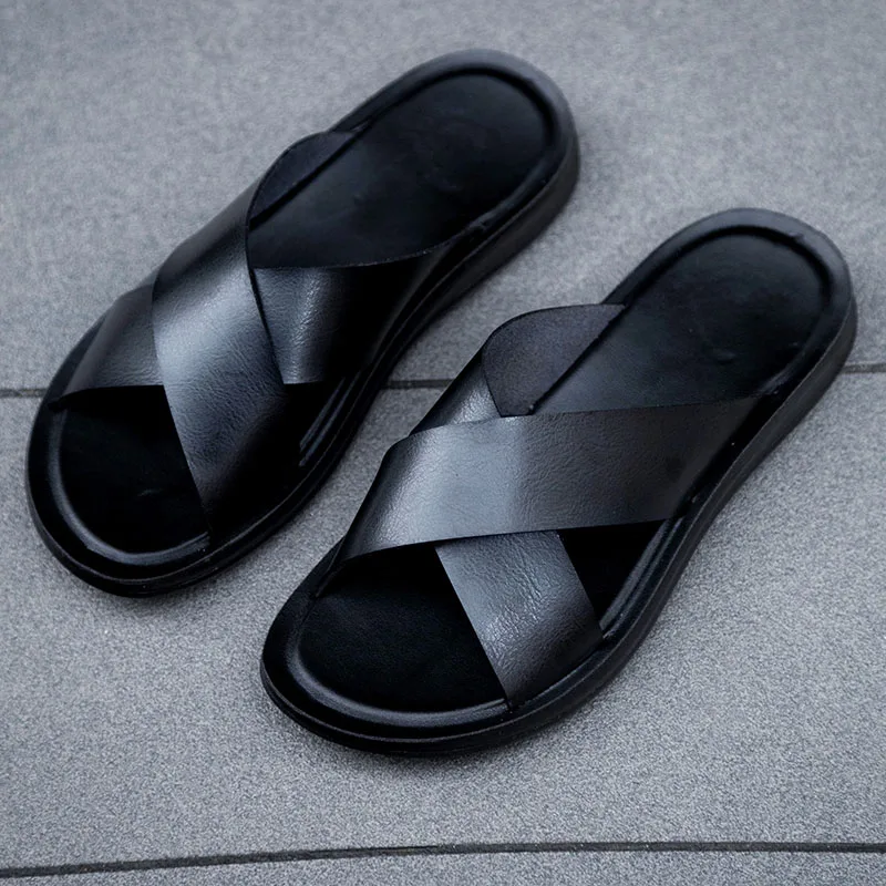Italienische PU-Leder Hausschuhe für Herren, Sommer-Schuhe für Drinnen und Draußen, Hotel- und Strand-Slipper, Flache Schuhe für Männer, Große Größen 47 48, Dropshipping