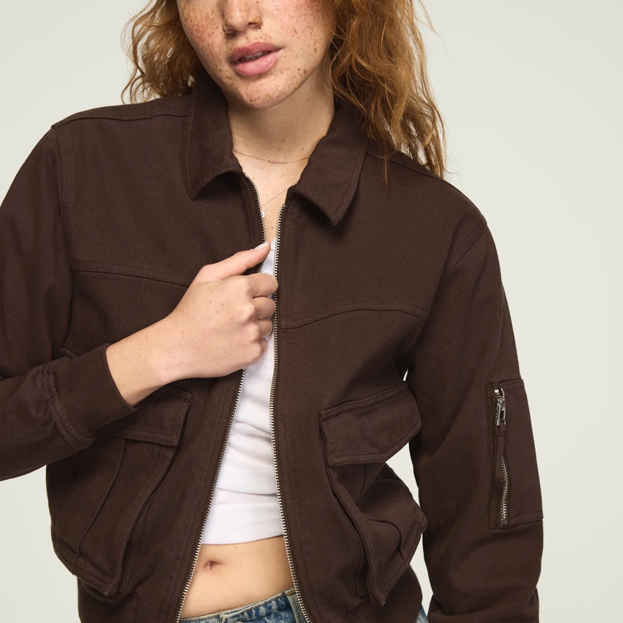 Lucky Brand Lucky Legend Bomber Jacket - Women's Clothing Outerwear Jackets Coats in Chocolate Factory Wash, Size 2XL