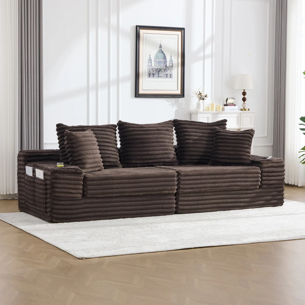 Cordstoff Kompressions-Sofa mit Hoher Rückenlehne und Zusätzlichen Kissen, Beidseitige Taschen, Frei Kombinierbar Als Schlafsofa