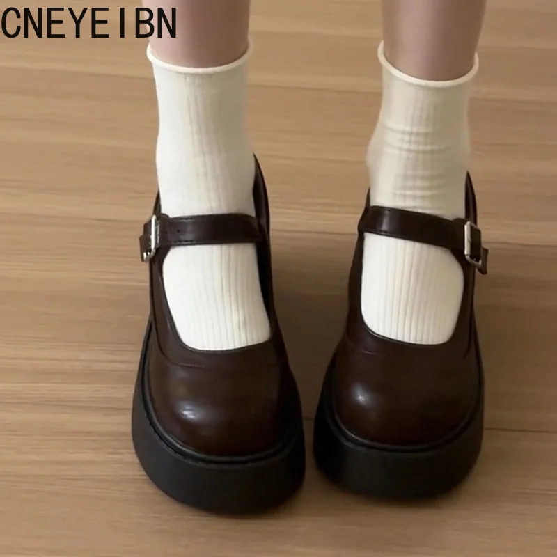 Frühlings-Herbst-Plateau-Schuhe mit dicker Sohle für Damen, Mary Jane Schuhe, schwarz, Y2K-Absatz, runde Zehenpartie, elegante Party-Lederschuhe
