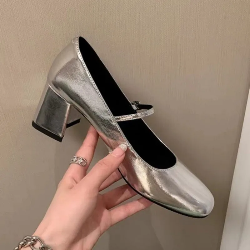 Silber Sexy Damen Schuhe mit klobigem Absatz, modisch, Sommer, Outdoor, Bankett, hohe Absätze, runde Zehen, Mary Jane-Schuhe, hohe Absätze