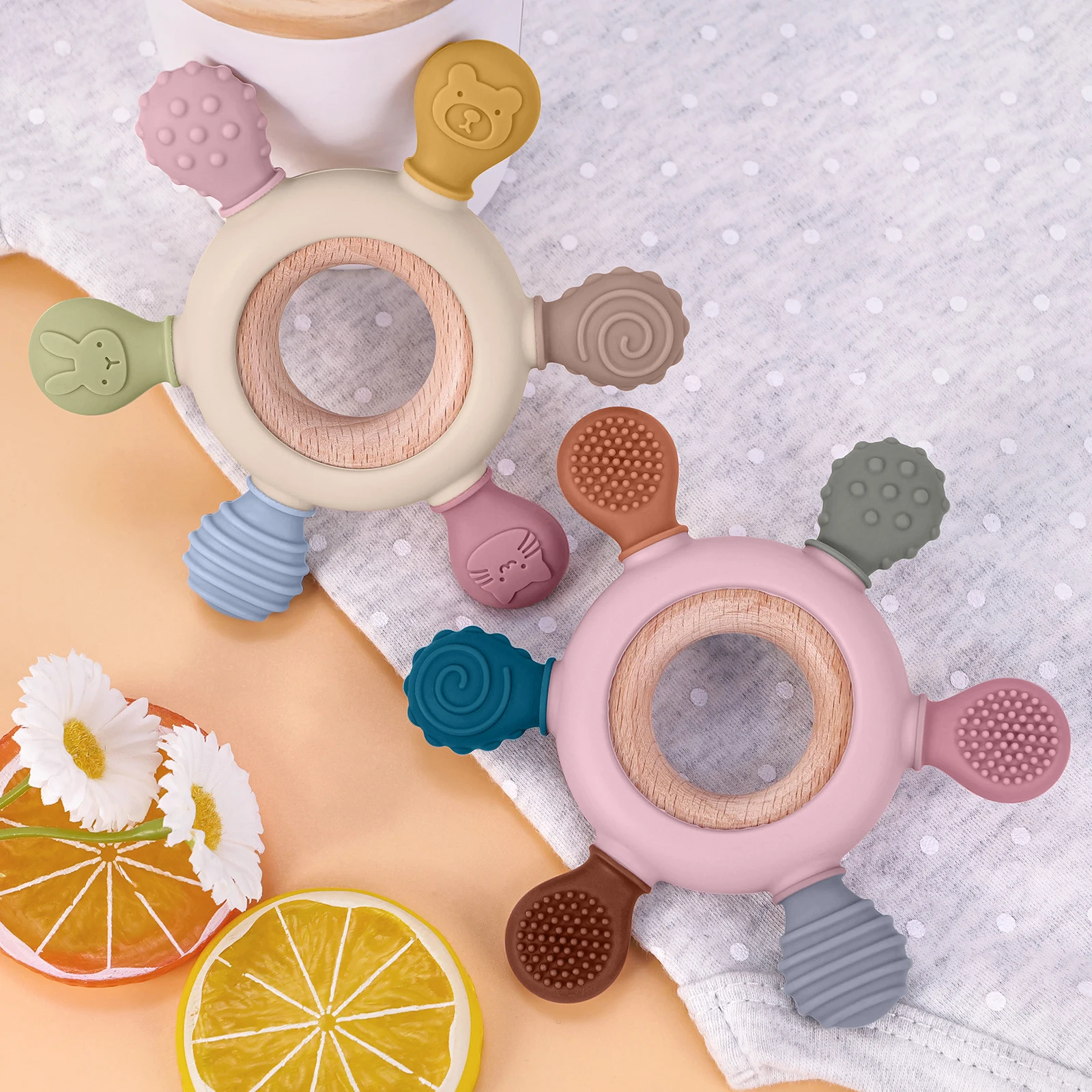 1PC Silicone Teether Baby Ring Shape Wooden Teether Ring Kid Gift BPA Free Silicone Children Goods Kid Teething Toy