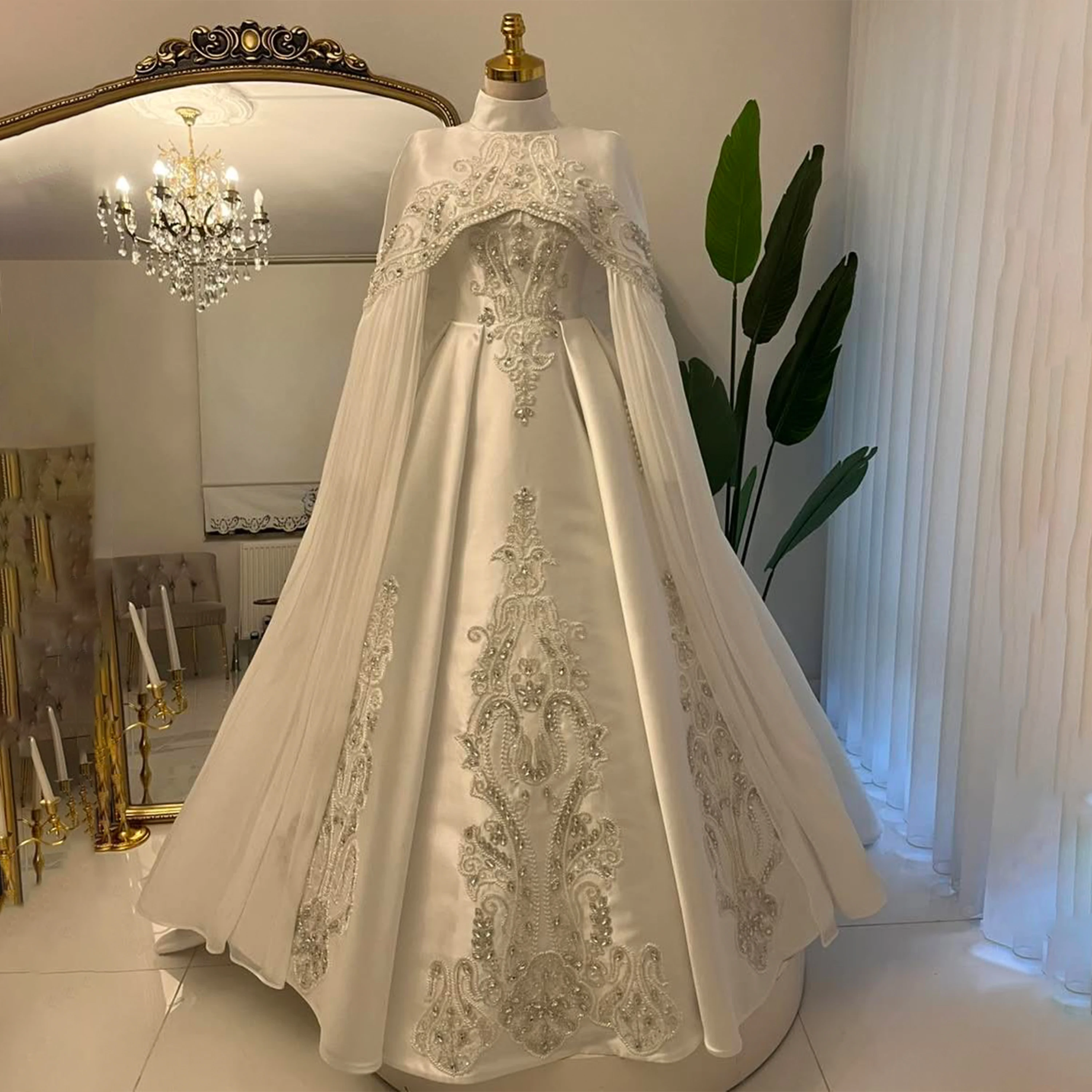 Muslim Wedding Dresses with Cape High Neck Luxury Crystal Beaded Embroidery A Line Satin Islamic Bridal Court Train Customized