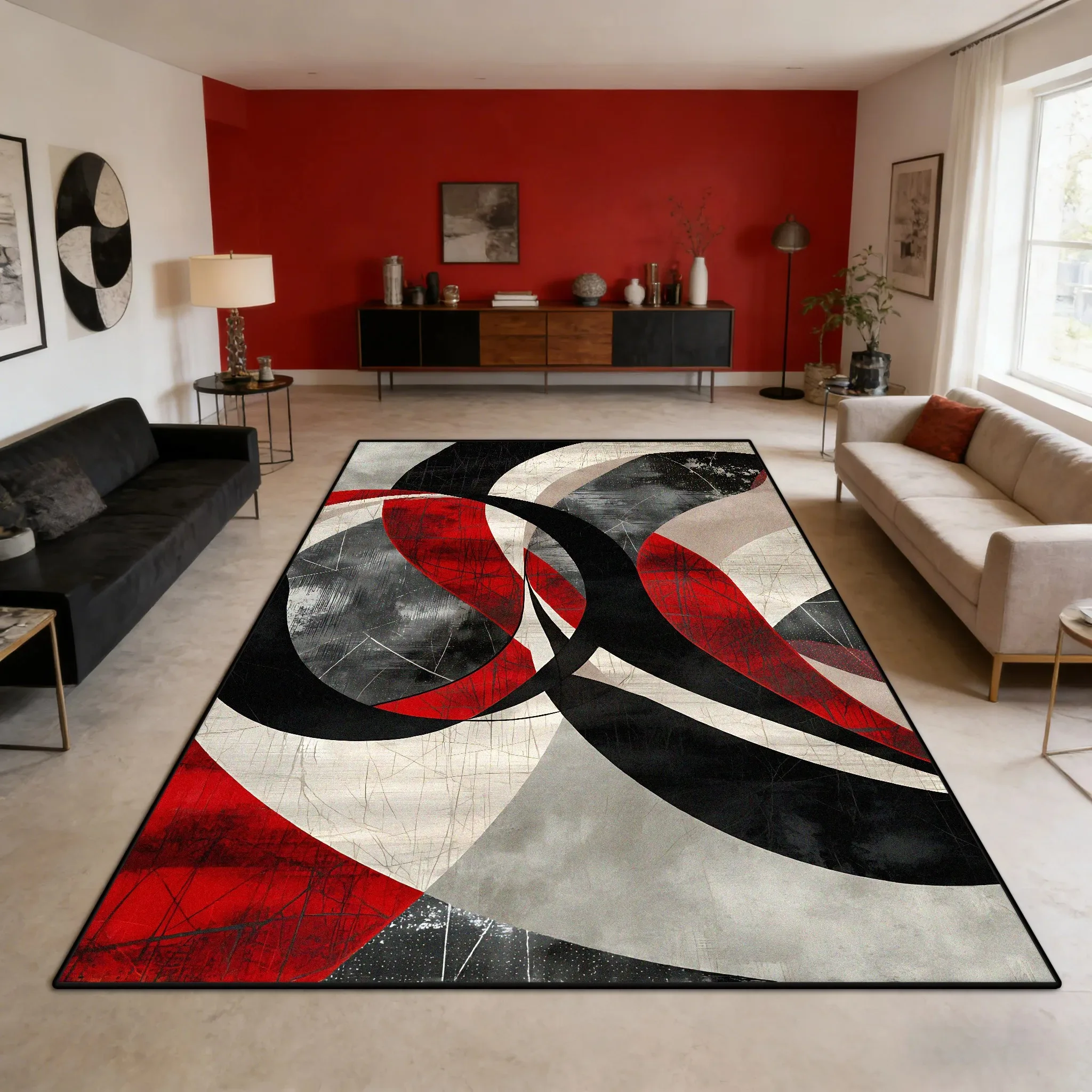 Europäischer Vintage-Teppich in Rot und Schwarz, moderner geometrischer abstrakter Teppich, großer Teppich, große Schlafzimmerdekoration, minimalistische