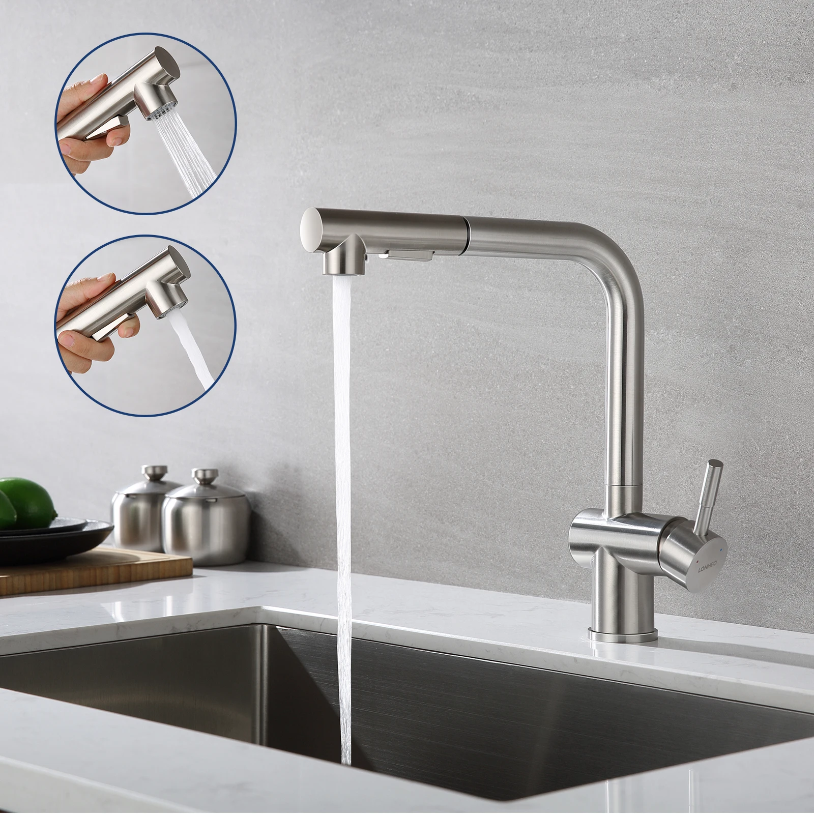 Küchenarmatur Edelstahl Gebürstet, L-Form Herausziehbar Wasserhahn Küche 360 Drehbar, 3 Strahlarten Kalt Warmwasser Einhandmischer, Edelstahl 304 Spültischarmatur G3/8 Neoperl Schlauch, Montage Einfach Design
