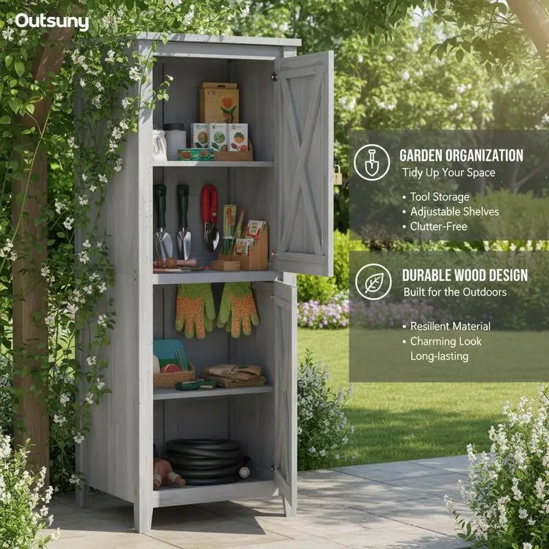 Armoire à outils Outsunny, armoire de jardin en bois, abri à outils résistant aux intempéries, 60x60x160cm, maison de jardin avec double porte, étagères, armoire à outils verrouillable, abri de jardin