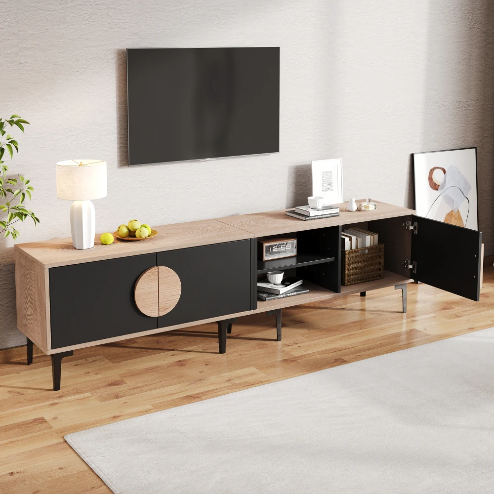 Meuble TV bas Ye 180*35*49cm, meuble TV pour salon, meuble TV avec 2 placards, meuble TV avec étagères ouvertes, couleur bois + noir, adapté aux téléviseurs de 80 pouces