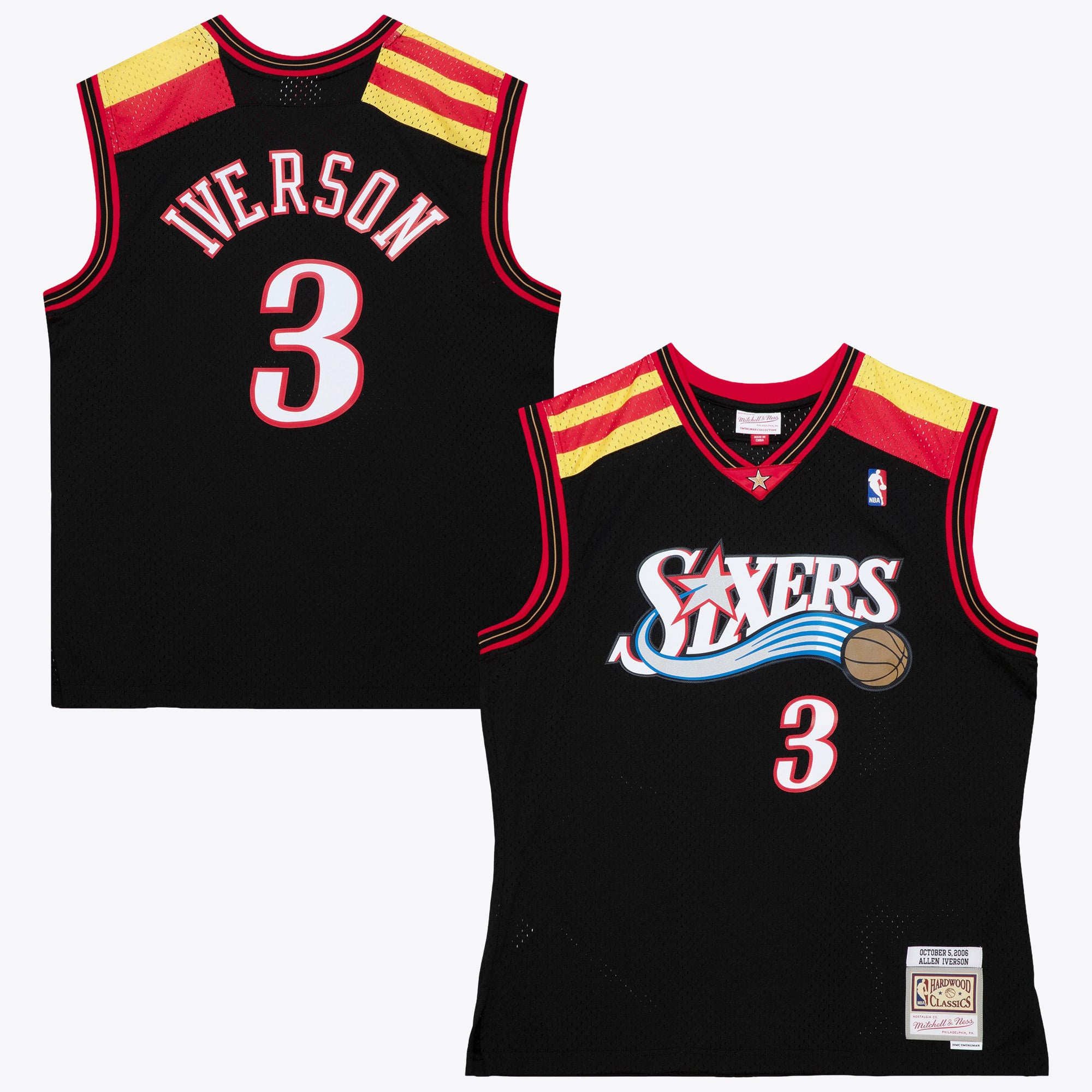 Maillot authentique alternatif noir des Philadelphia 76ers, signé Mitchell & Ness Allen Iverson (édition 2006, Espagne) - - Homme Taille: S