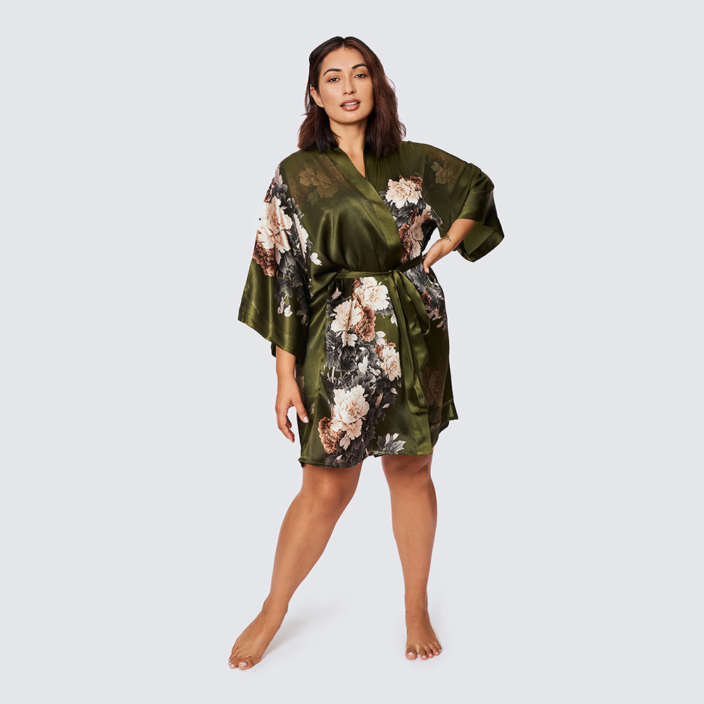Keina Flower Plus Size Silk Kimono Robe - Short | KIM+ONO - olive (final sale) / plus size