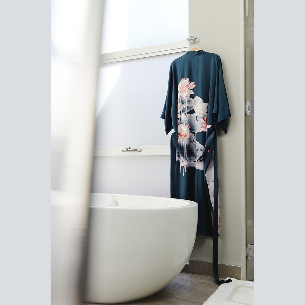 Lotus Plus Size Washable Silk Kimono Robe - Long | KIM+ONO - night shadow (final sale) / plus size