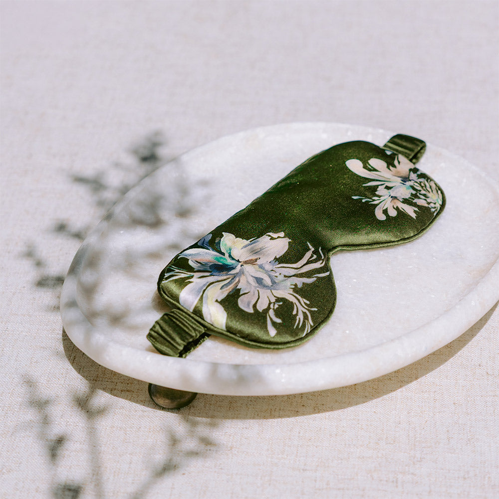 Yuri Washable Silk Floral Eye Mask | Luxury Sleeping Eye Mask - olive