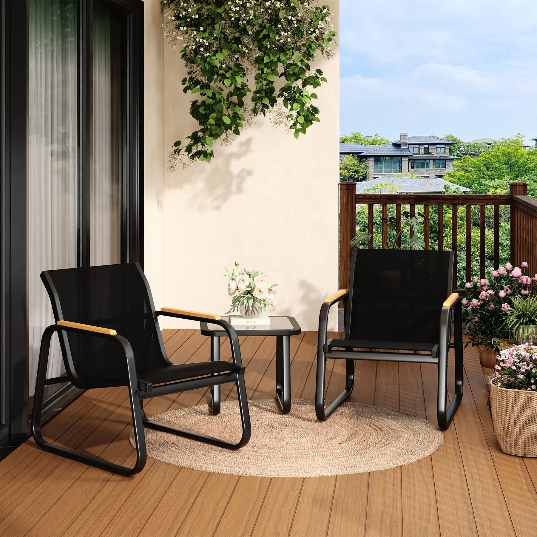 3-teiliges Gartenmöbel-Set für 2 Personen, Stahl-Balkon-Terrassenmöbel-Set mit 2 Sesseln und 1 Tisch, Wetterfestes Outdoor-Lounge-Set