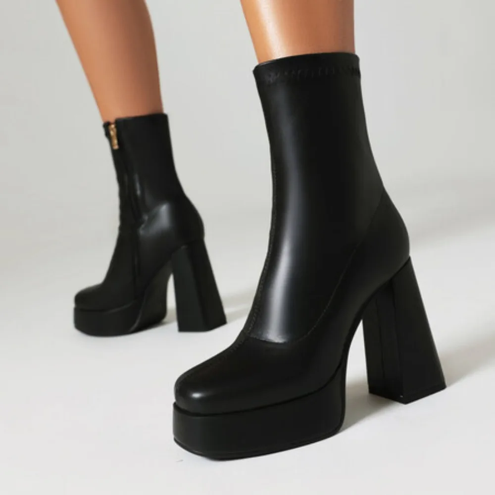 Brandneue Große Größe 42 Schwarze Blockabsatz-Partystiefel Elegante Moderne Damen-Plateau-Kniehohe Stiefel Schuhe