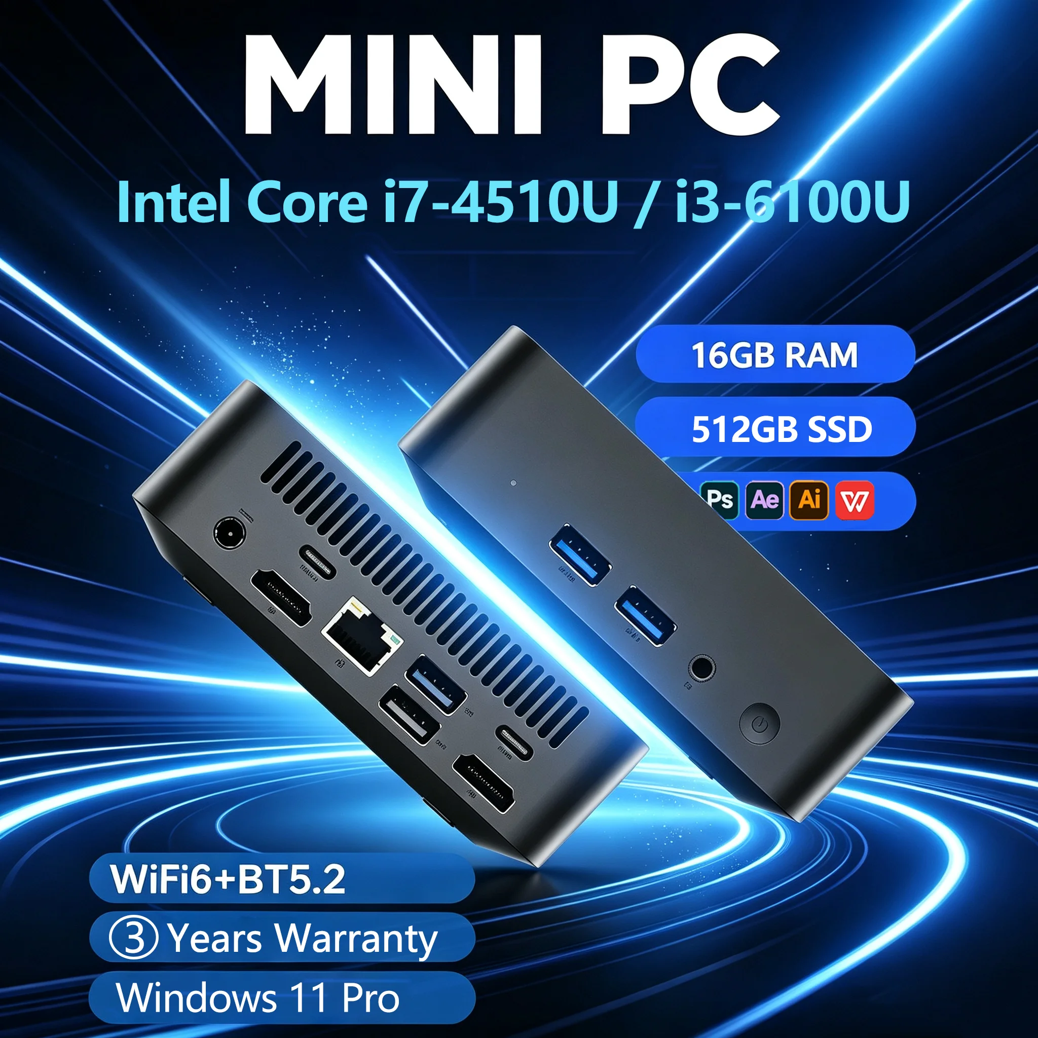 Nouveau Mini PC 2026 Windows 11 Pro Intel i7 4510U/i3 6100U 16 Go RAM 512 Go SSD 4K HD Type C Mini PC Ordinateur de Bureau Wi-Fi 6