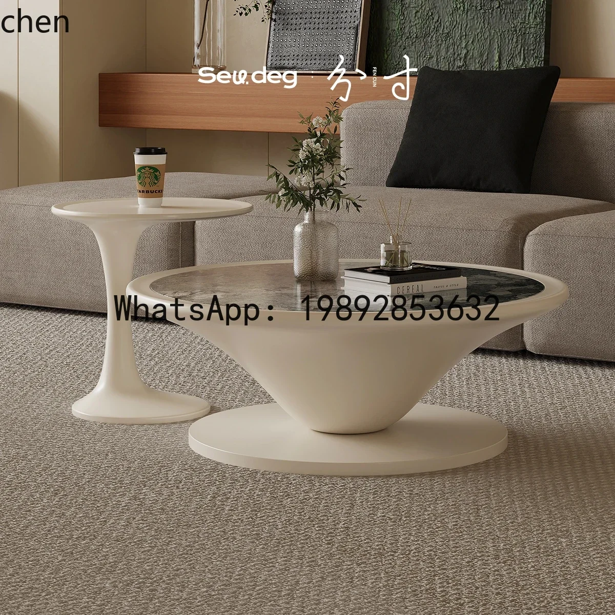 Table basse en dalle de roche de luxe légère, panneau de salon, petit appartement, art, combinaison de table basse ronde blanche