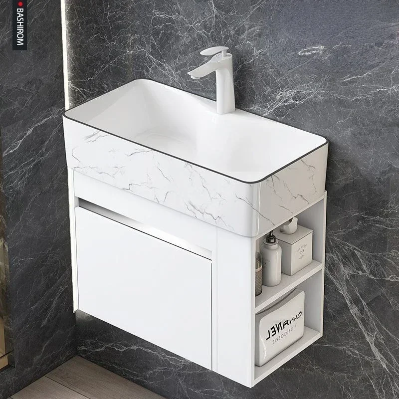 Mini armoire de salle de bain minimaliste avec rangement latéral, lavabo intégré en céramique, meuble de salle de bain avec évier, meubles de salle de bain