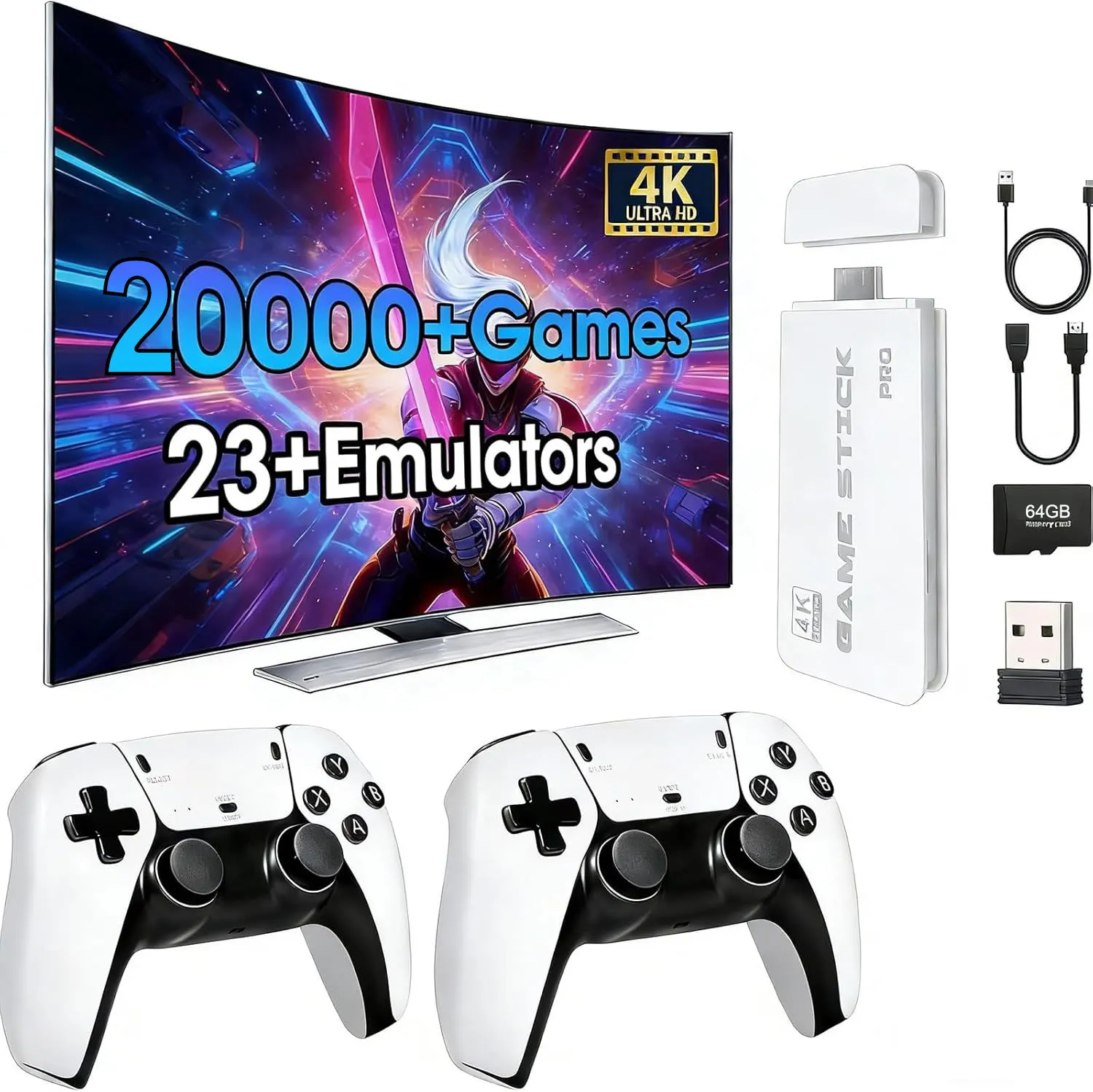 4K HDMI game controller, built-in 20,000 games, 64GB retro video game console, plug-and-play controller for TV/PC/projector