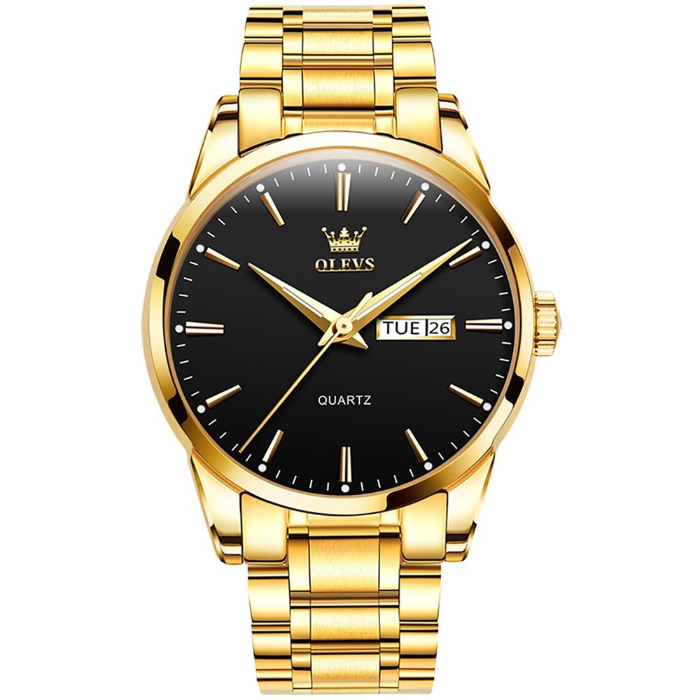 Men's Quartz Watch Waterproof Stainless Steel Watch With Luminous Display gold Black