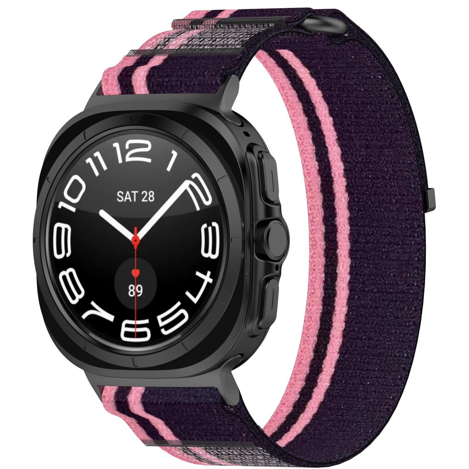 Samsung Galaxy Watch Ultra 47mm Nylon Watch Band Adjustable Hook And Loop Strap Breathable Sport Loop pink+purple