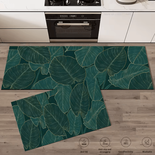 Green Leaves Absorbent Kitchen Floor Mat Non Slip Washable Rug For Kitchen, Bathroom & Entryway 2 50cmx160cm 1pc