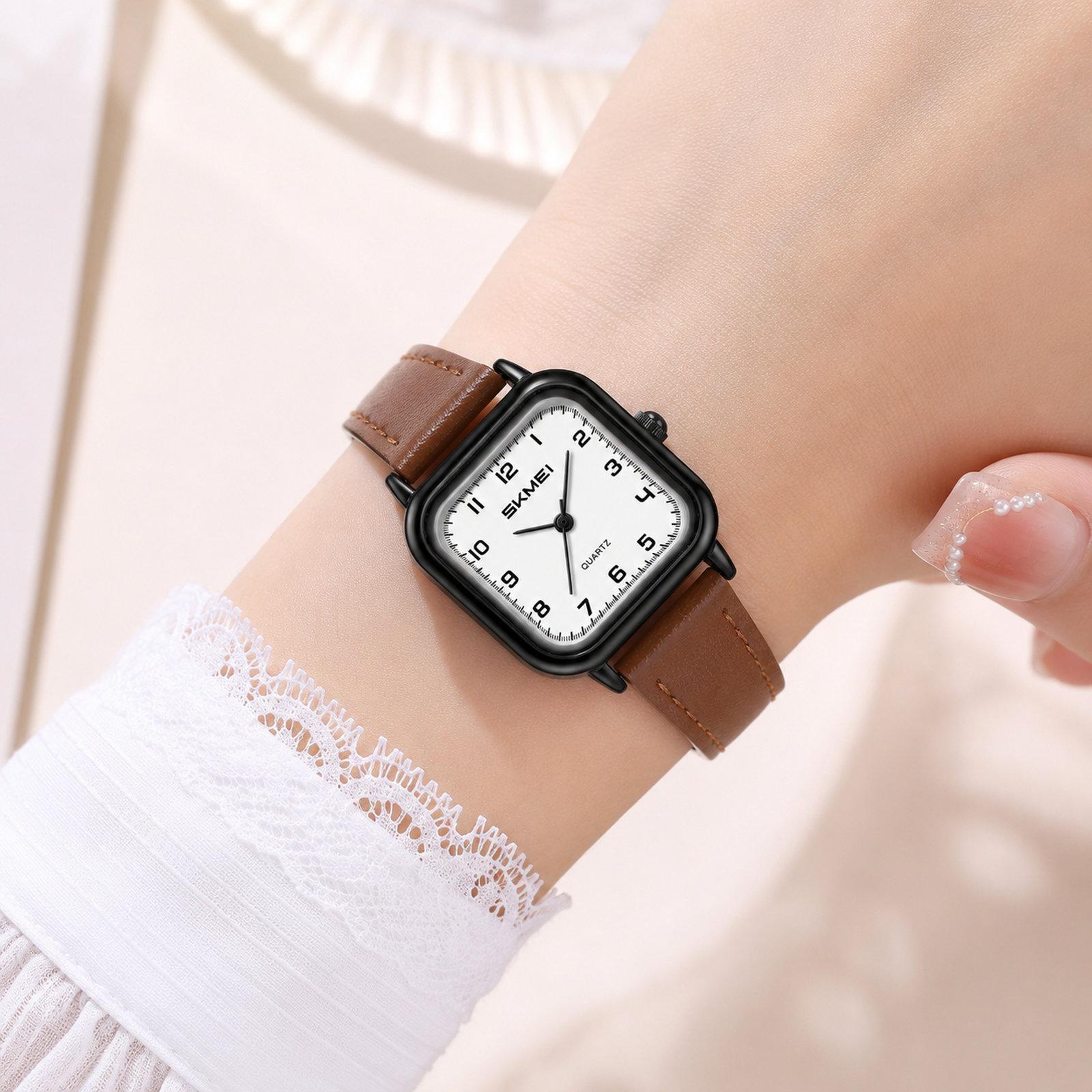 SKMEI 2579 Square Women's Quartz Watch With Leather Strap 30M Water Resistant Dress Watch black Case Brown Strap