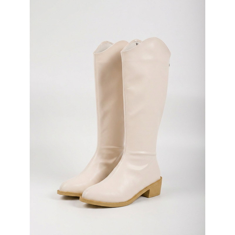 Women's White Faux Leather Knee High Boots - Fashion V-Cut Back Zipper Low Chunky Heel Knight Fashion Boots for Street Style, Daily Casual Wear