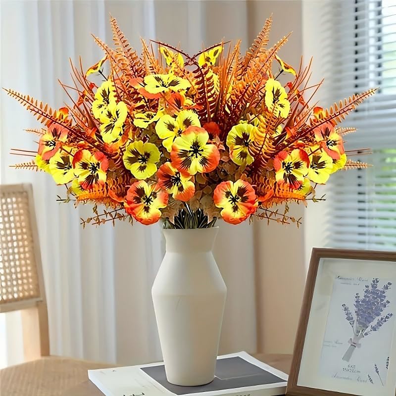 4 Bunches Artificial Fall Flower Bouquet, Realistic Faux Eucalyptus and Pansy Flowers, UV Resistant Outdoor Plants for Front Porch, Garden Planters, Farmhouse Home Decor and Seasonal Decoration