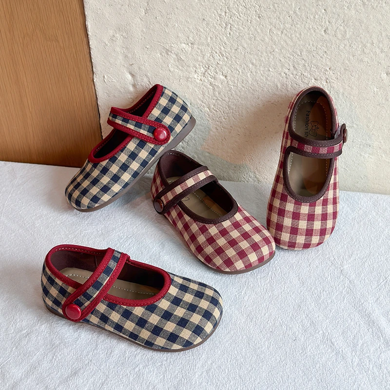Kleinkind Mädchen Vintage Gingham Karierte Mary Jane Ballerinas, 2 Farben Marineblau Rot Einzelriemen Cottagecore Hochzeit Mädchen Freizeitschuhe