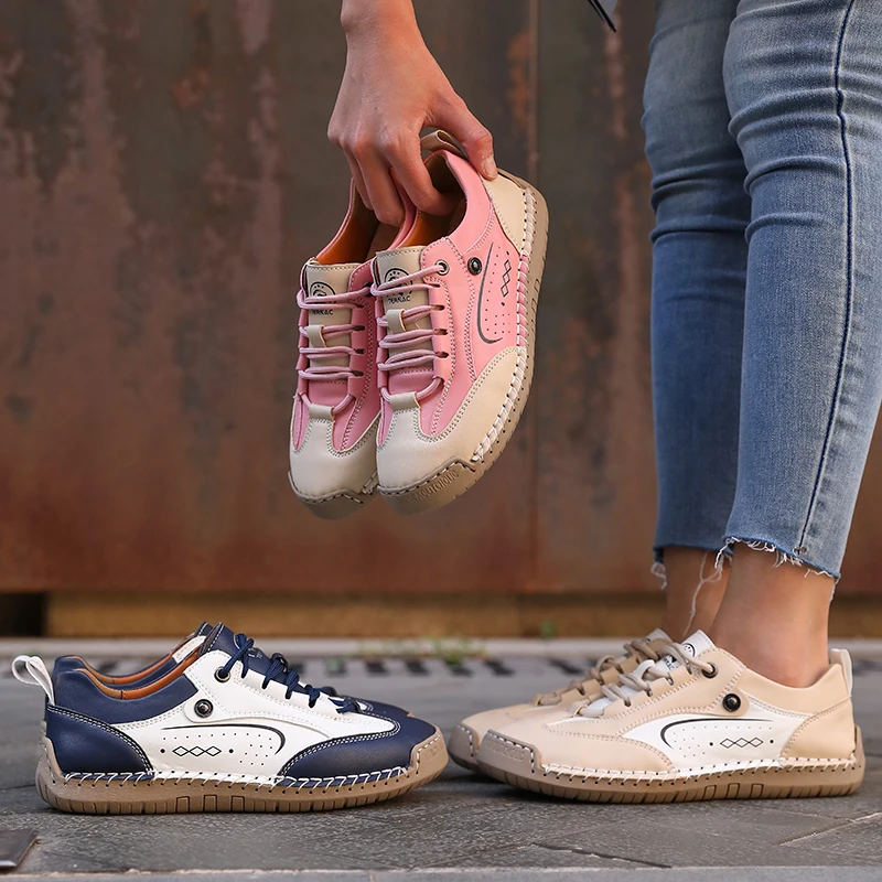 Neue Damen-Freizeitschuhe, handgefertigte Lederschuhe für Damen, modische, bequeme flache Schuhe, Slip-on-Sneaker, Slipper, Übergröße 36–43