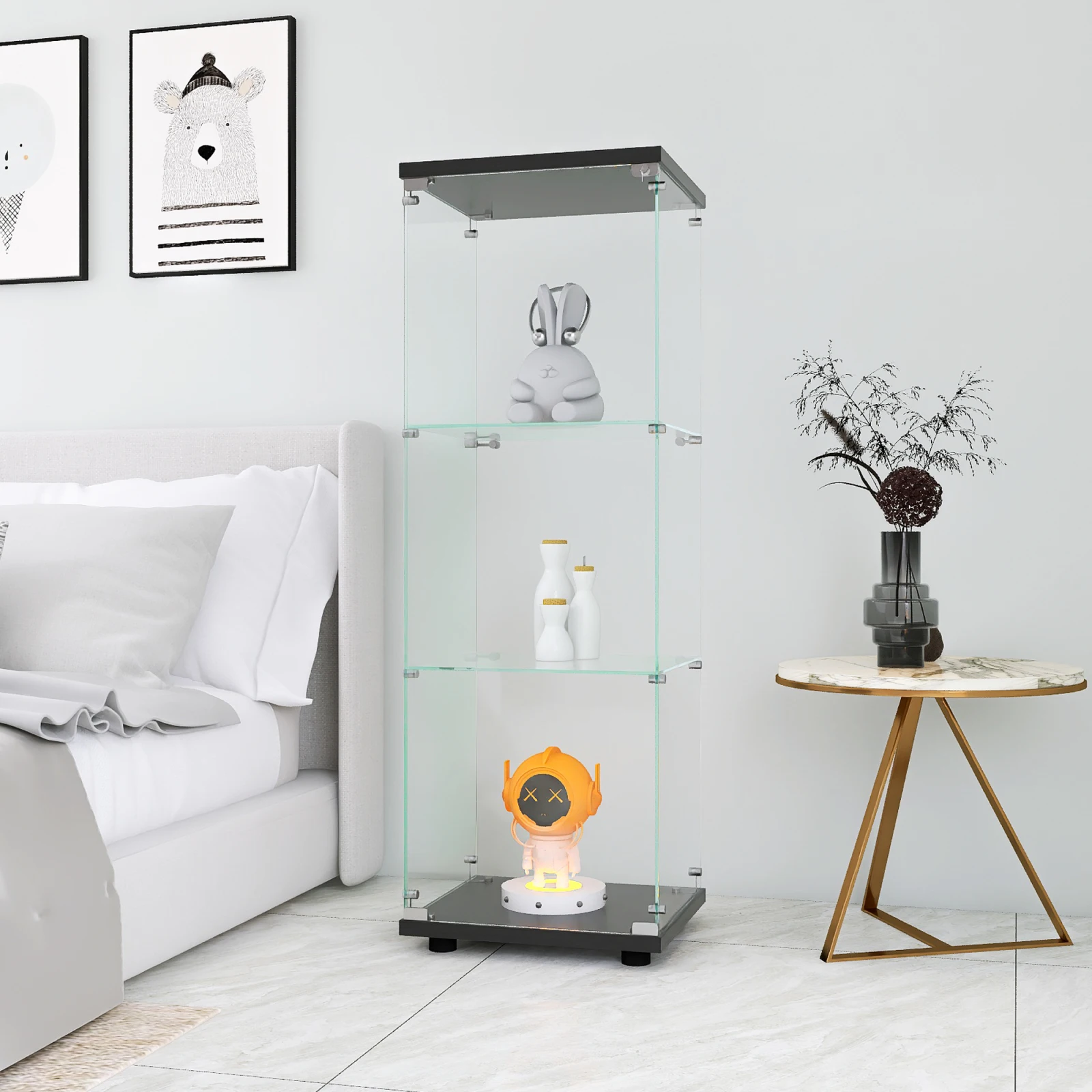 Anajqaqia Moderner Glas-Vitrinenschrank mit 3-stufigen Aufbewahrungsregalen, Wein- und Aufbewahrungsschrank aus gehärtetem Glas für Wohnzimmer, Esszimmer und Heimbüro