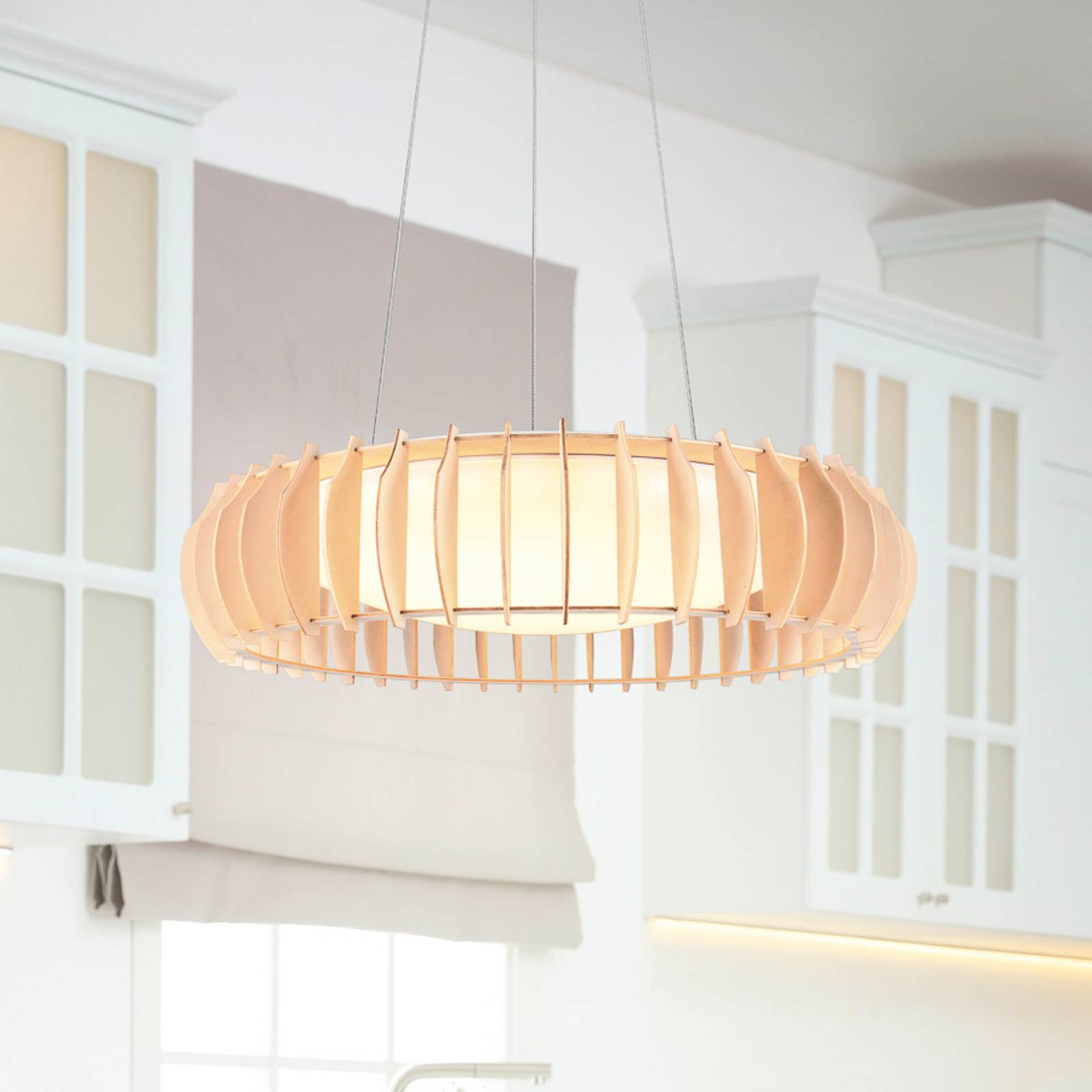 Reality Leuchten Lampada a sospensione Monte, dimmerabile, Legno chiaro, Soggiorno / Sala da pranzo, Legno, Scandinavo, Lampada a sospensione