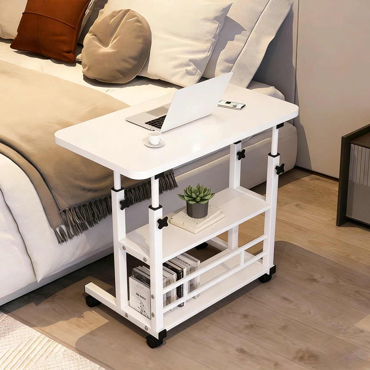 Kleiner Bürotisch, höhenverstellbarer, mobiler Steh-Schreibtisch mit Rollen, tragbare Rolltische für Laptop, Computer, Nachttisch