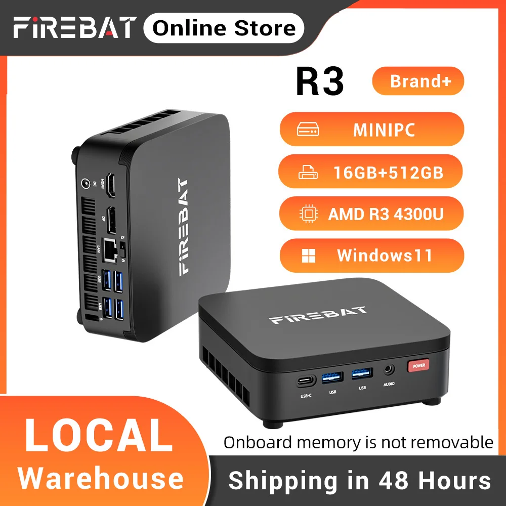 FIREBAT R3 Mini-PC AMD Ryzen 3 4300U LPDDR4 16GB RAM M.2 SATA 512GB SSD WiFi6 BT5.2 1000M LAN Windows11 Desktop-Computer