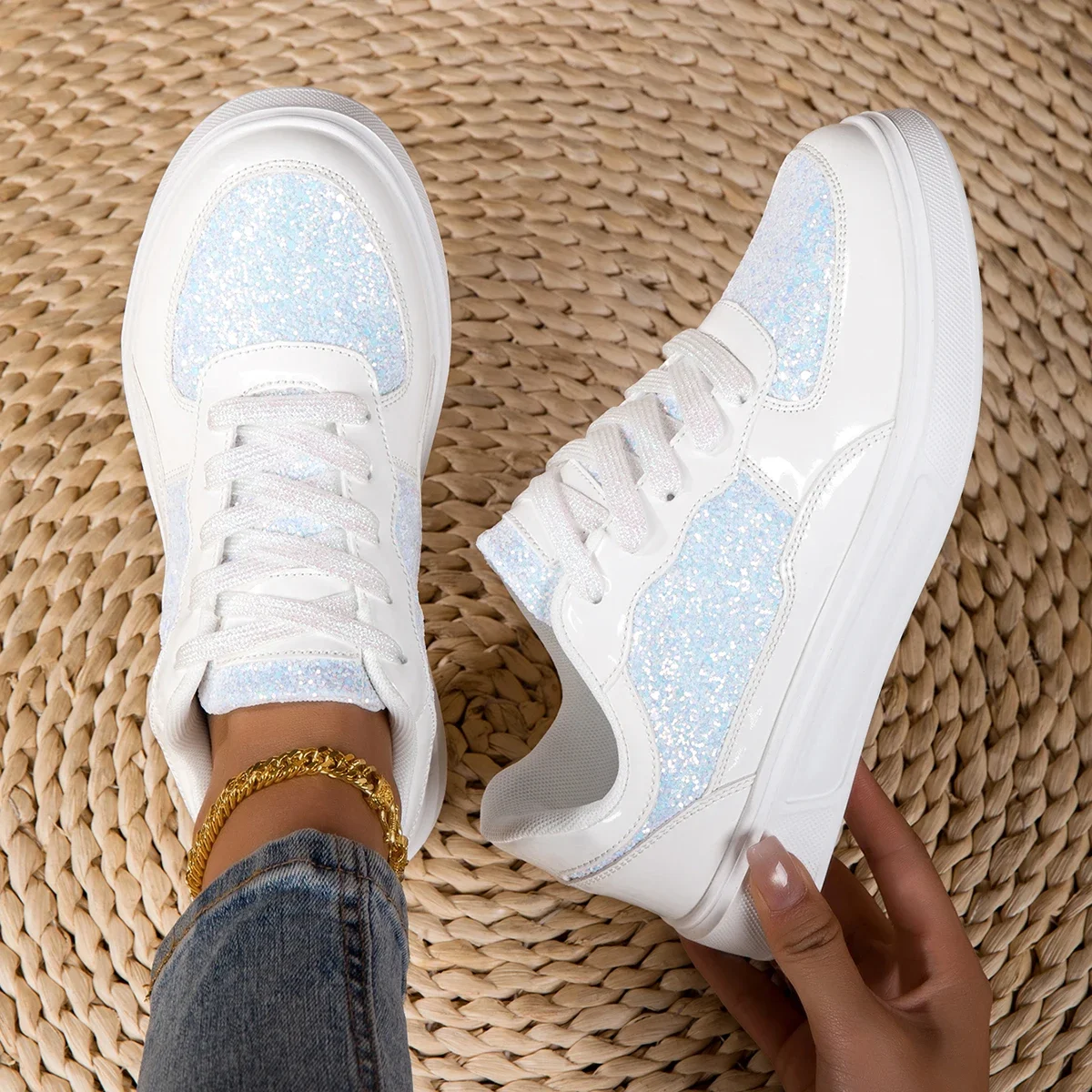 DJSUNNYMIX Lässige Sneakers für Damen mit Glänzenden Pailletten, Modischer Trend, Sportschuhe, Leichtgewichtig, Große Größen, Flache Sohle Damenschuhe