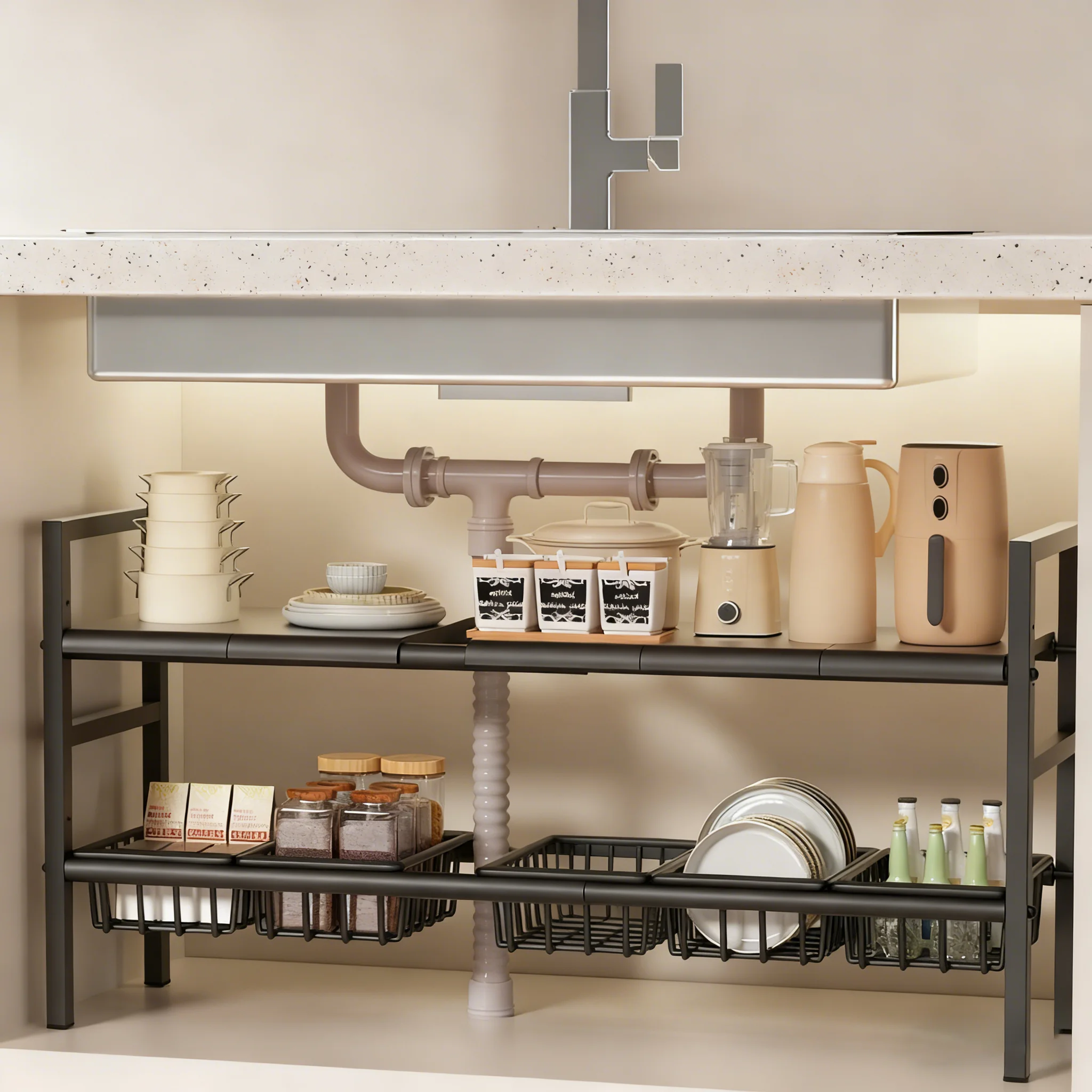 Unterschrank-Küchenregal, Ausziehbar, Ein-/Zweischichtige Aufbewahrungslösung, Aus Stahl, Perfekt für die Küche, Ideal für Waschräume, Unter der Spüle, Maximiert den Platz, Einfache Aufbewahrung