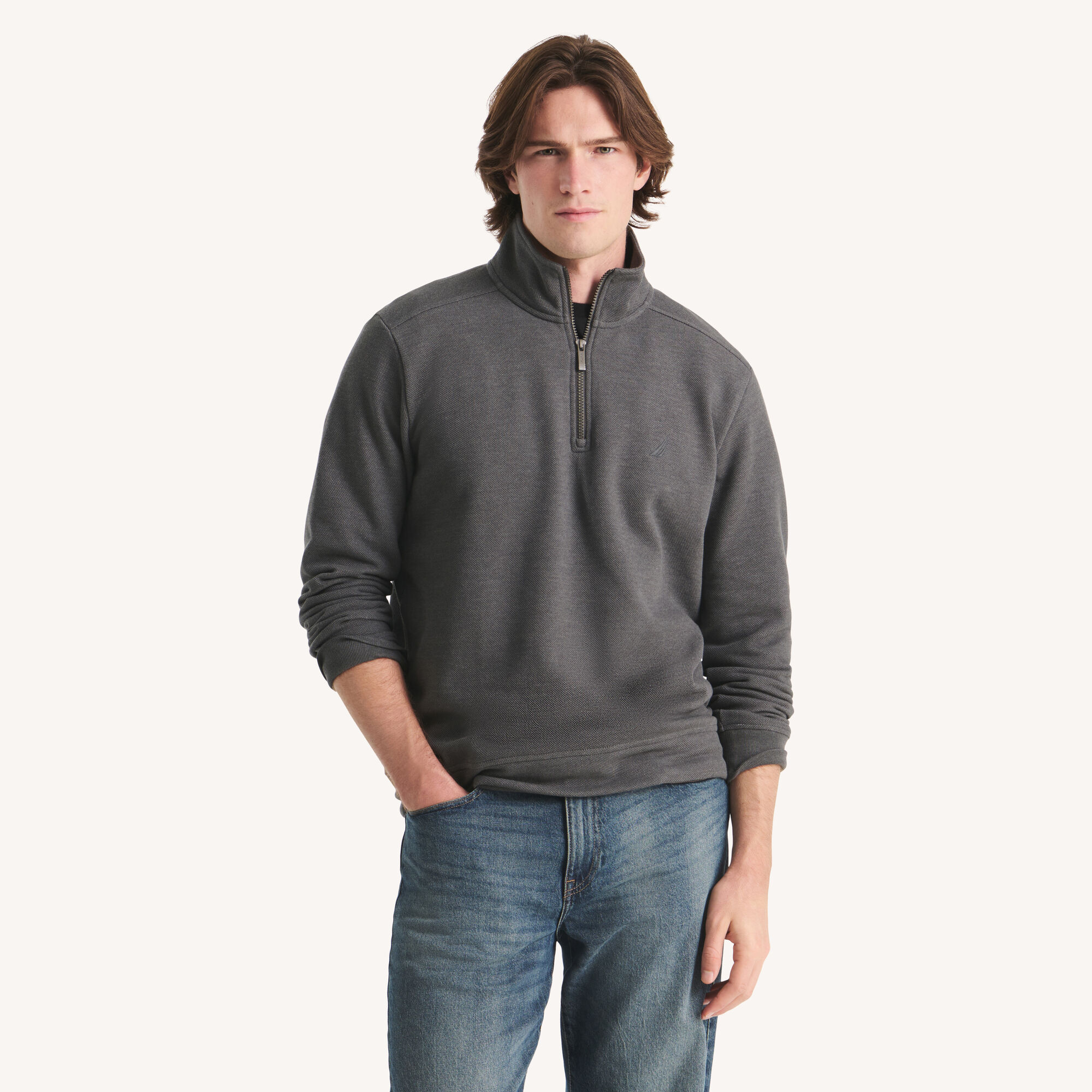 Nautica Men's Classic Fit Piqué Fleece Quarter-Zip Sweatshirt 022 (Charcoal Heather), 3XL
