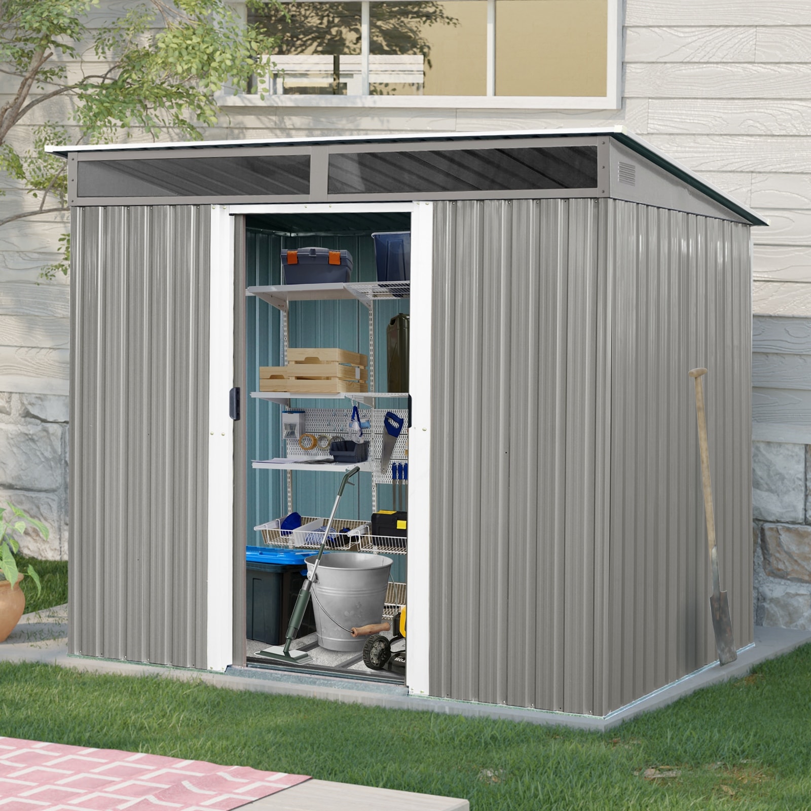 8ft x 6ft Outdoor Metal Storage with Lockable Sliding Doors and Transparent plate for Garden, Lawn