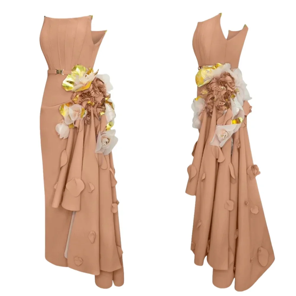 Customized Jersey Flower Pleat Wedding Party A-line Strapless Bespoke Occasion Gown Long Dresses