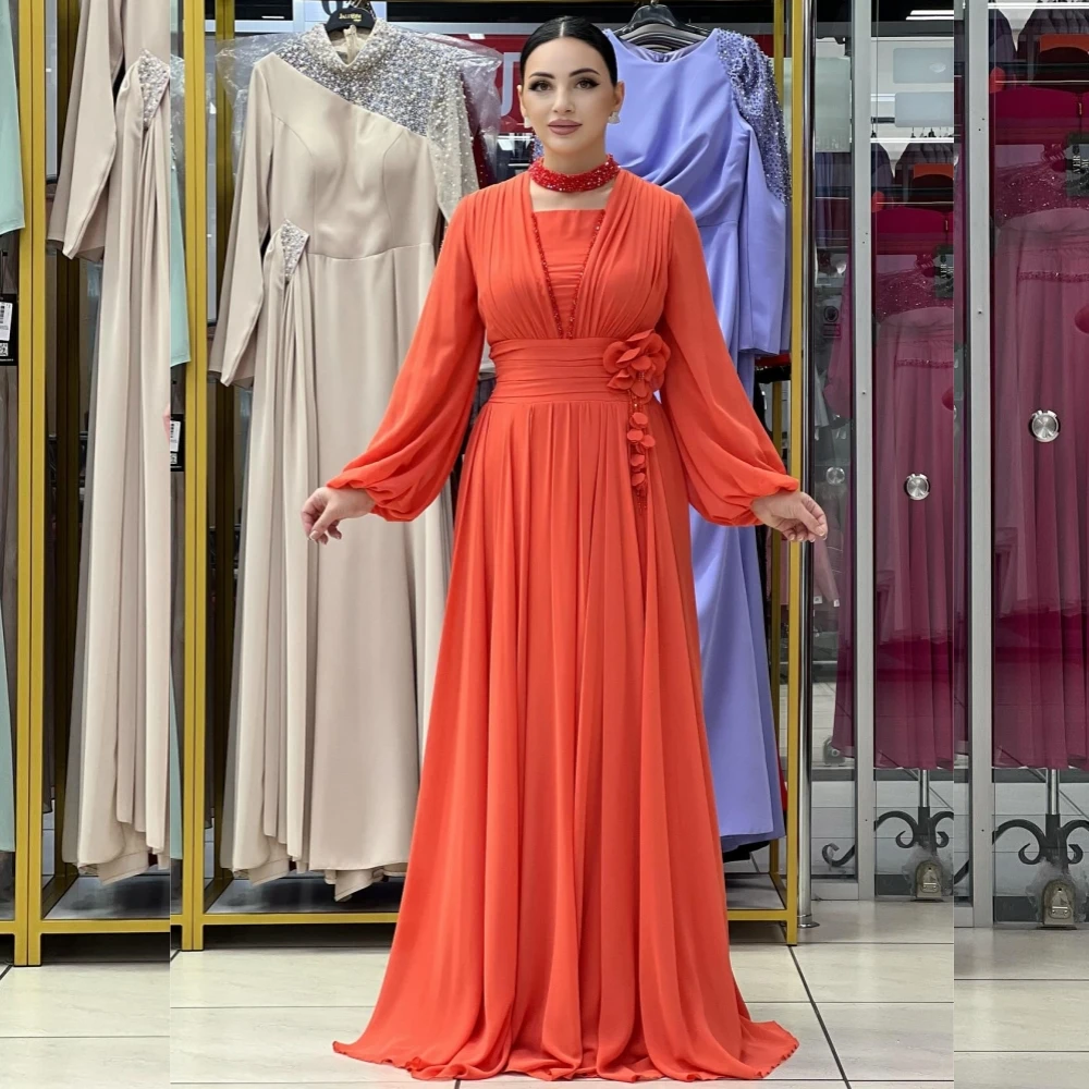 Customized Intricate Jersey Flower Pleat A-line Square Neck Long Dresses Bespoke Occasion Exquisite Fashion