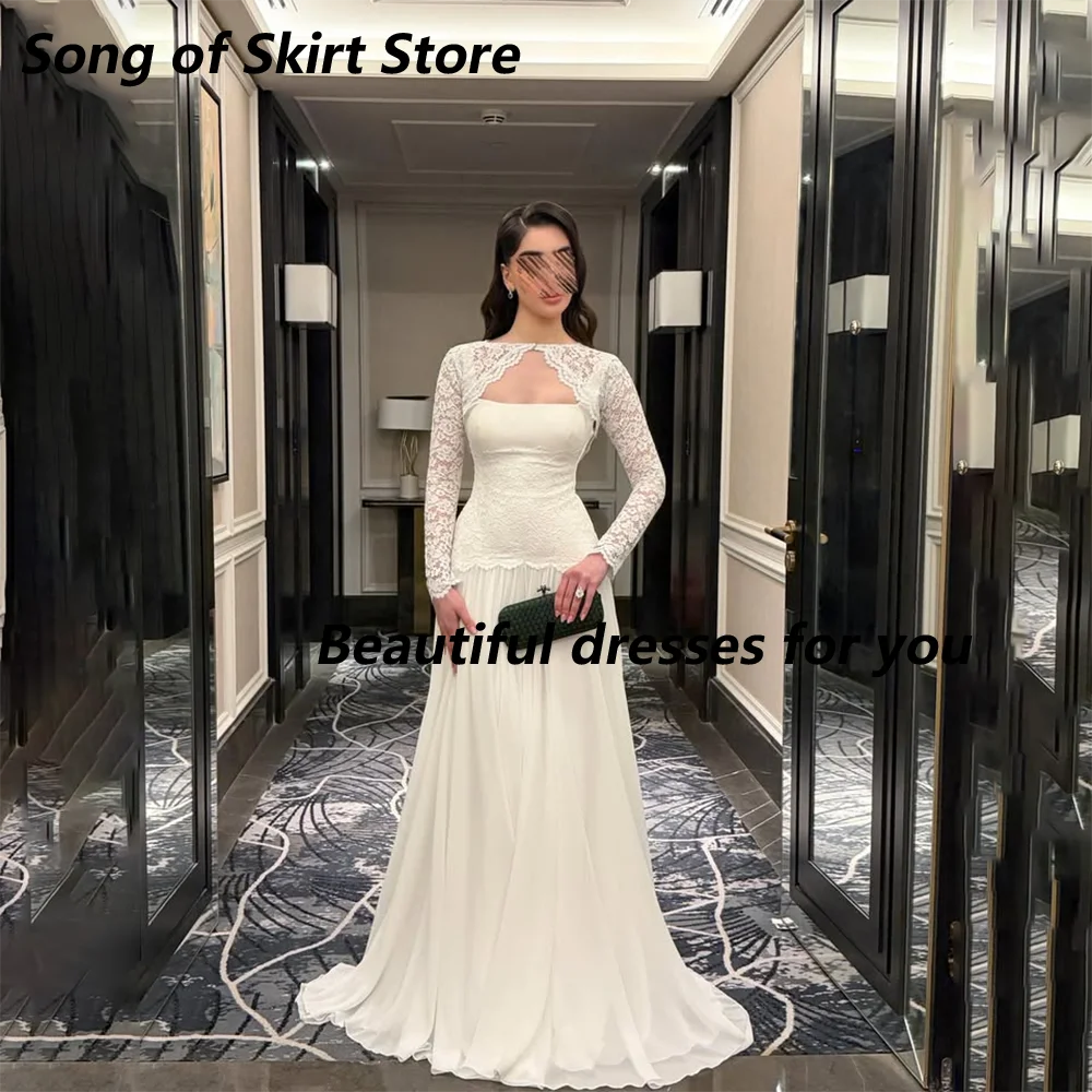 Elegant Lace Chiffon Evening Dress Customized O-Neck Long Sleeves Pleat A Line Floor Length Formal Party Dresses Prom Gown