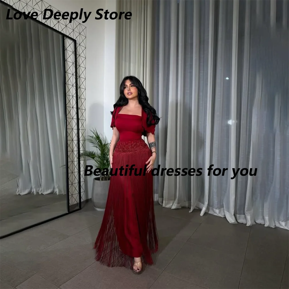 Luxury Beading Red Evening Dress Customized Square Neck Short Sleeves Mermaid Tassels Prom Gown Floor Length Formal Party Dress