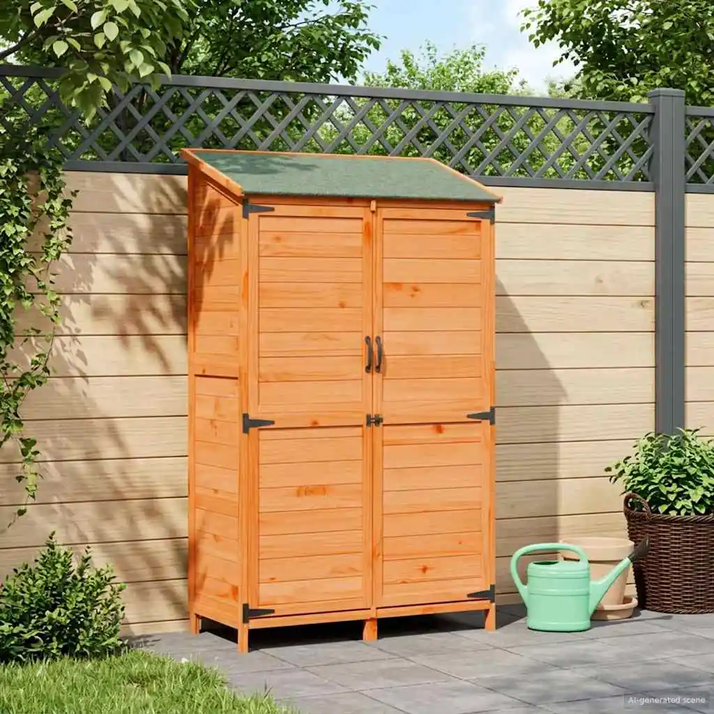 Abri de jardin brun 106,5 x 56 x 176 cm en bois de sapin massif, armoire de rangement de jardin en bois, armoire à outils d'extérieur, armoire de jardin, rangement de patio avec toit imperméable
