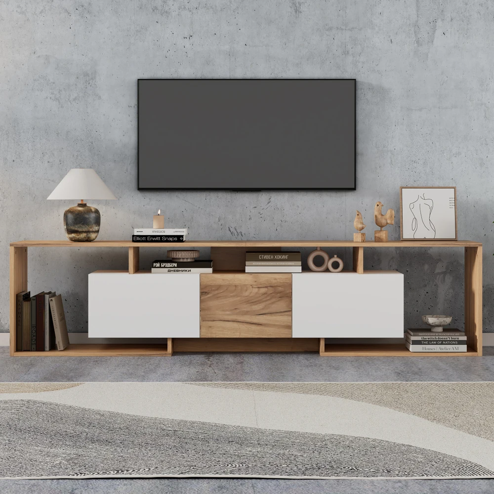 Meuble TV bas 180×30×49cm, Meuble multimédia compatible avec téléviseur jusqu'à 85 pouces, 2 portes pliantes + 1 porte pivotante et 3 étagères ouvertes, Grand meuble TV de rangement, Meuble moderne