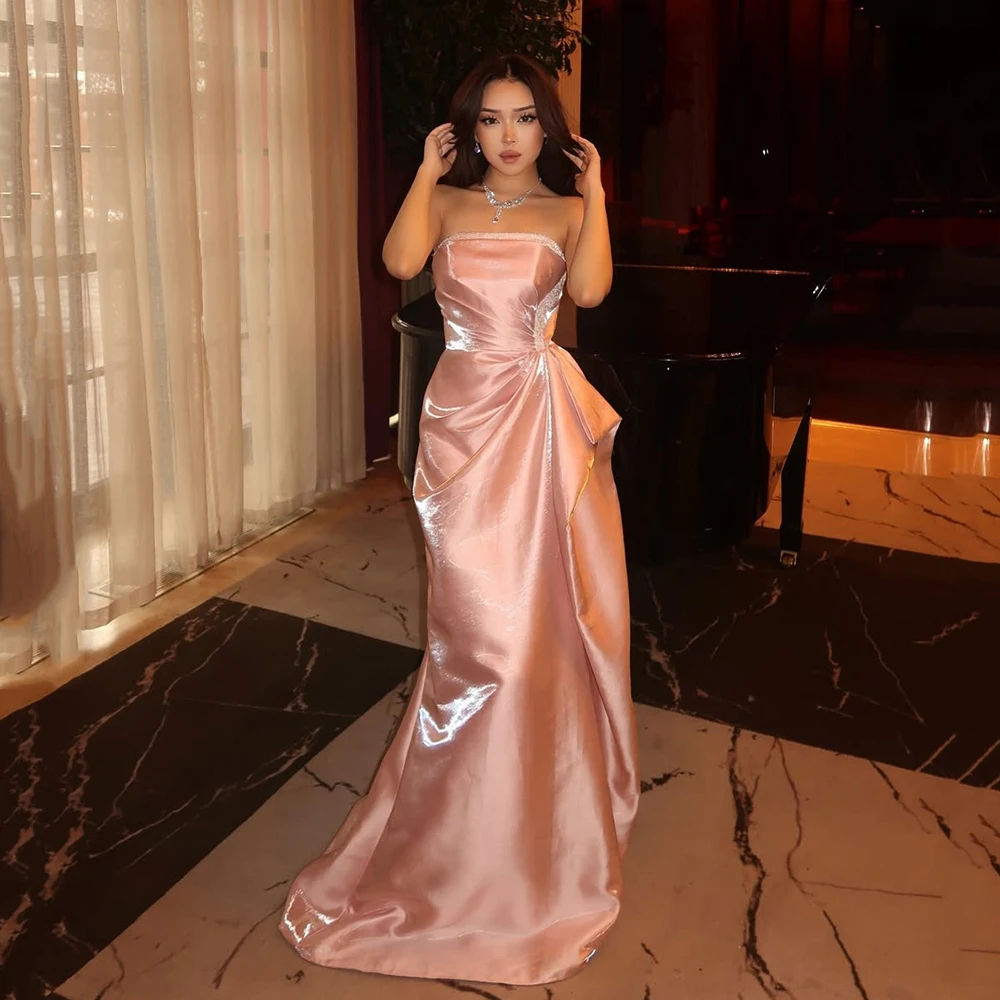 Customized Luxury Strapless Satin Evening Dresses 2026 Draped Formal Evening Gown Sequins Mermaid Celebrity Party Dresses