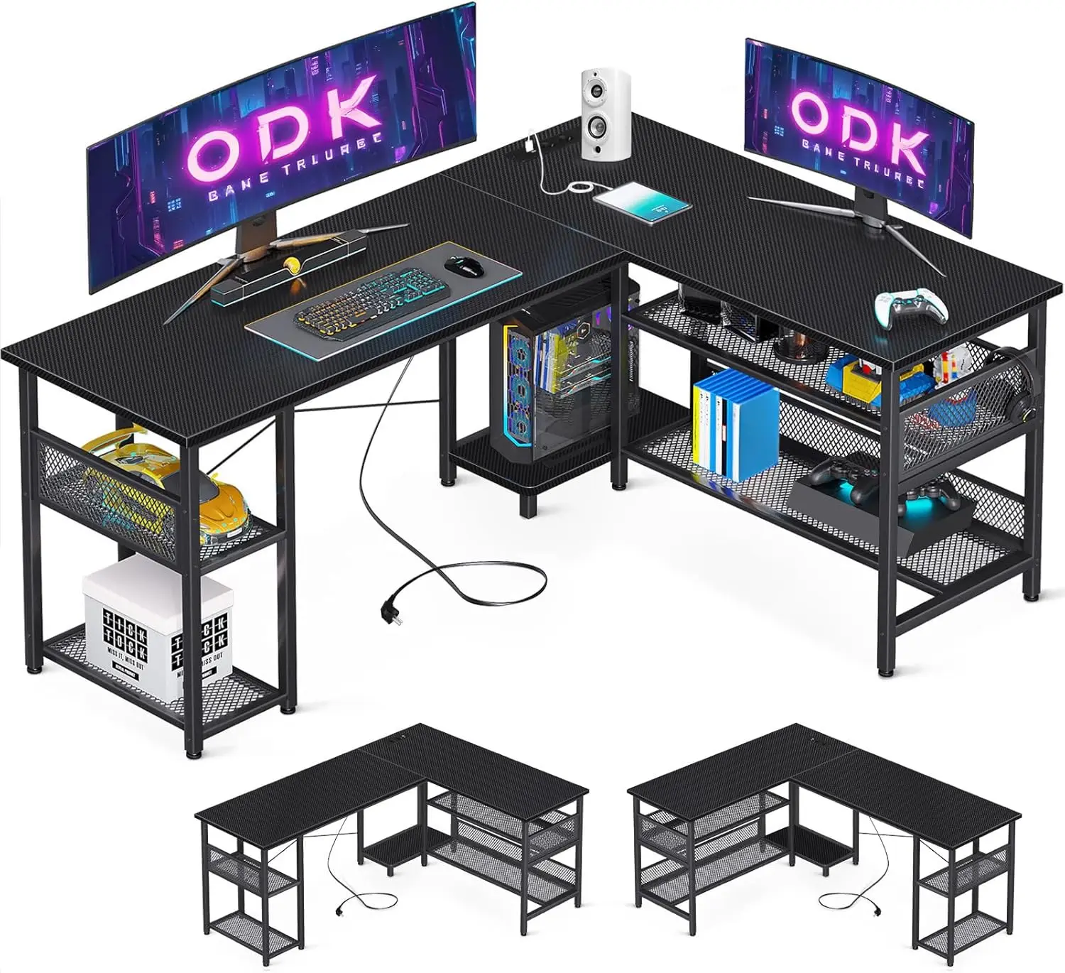 Coleshome L-förmiger Gaming-Schreibtisch mit umkehrbarem Design, Schreibtisch mit großem Stauraum, Eckschreibtisch mit 2 Steckdosen und 2 USB-Anschlüssen, 150×102 cm (Schwarze Kohlefaser)